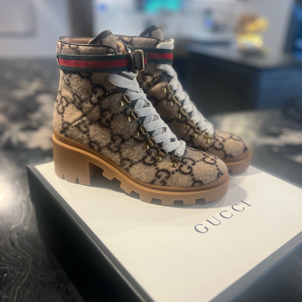 Gucci Tan Combat Moto Boots with Signature Style